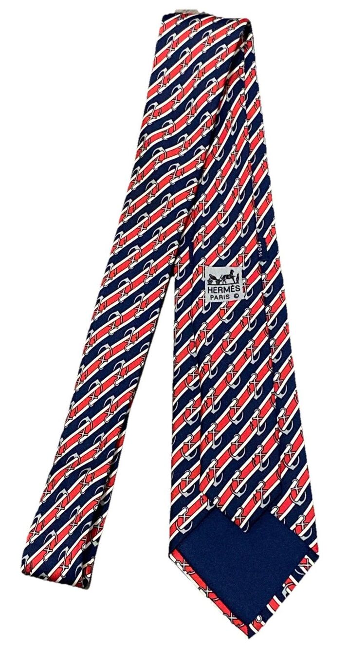 Hermes Men's Tie Nautical Anchors Red White Blue Gray Black Silk 3.25" W X 55" L - Picture 2 of 6